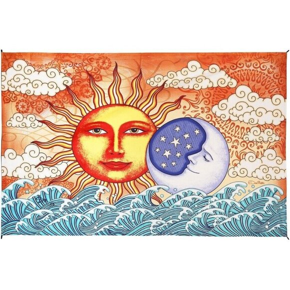 New Mini Sun Moon & Ocean Tapestry Wall Hanging Art Gift Celestial Clouds 45x30 - Picture 1 of 3